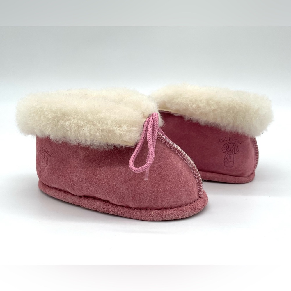 VGUC Old Friend Footwear Genuine Sheepskin Suede Lace Up Bootie in Pink L 13-18M